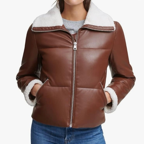 NEW Levi's Sherpa-Trimmed Faux-Leather Puffer Coat in Brown Size Large - Picture 1 of 7